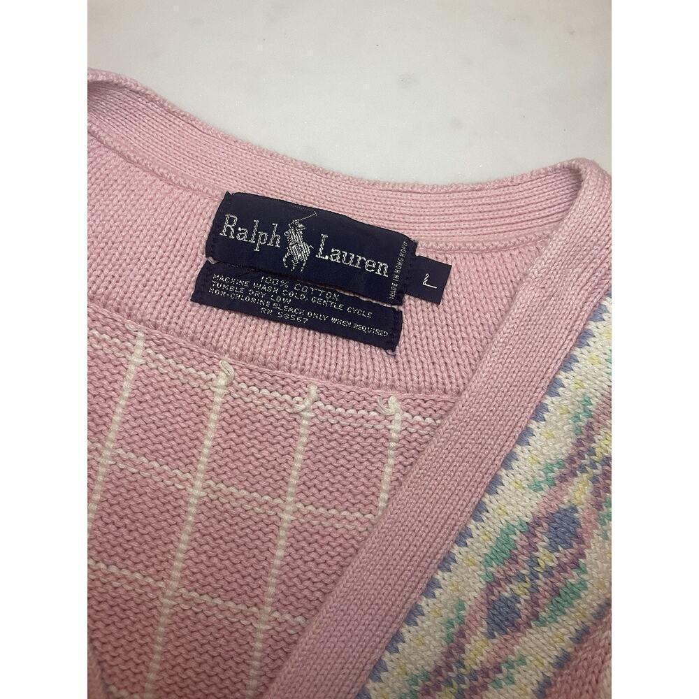 Vintage 80s Ralph Lauren Collection Cardigan Sweater Granny Knit Cotton M L Pink - Picture 5 of 9